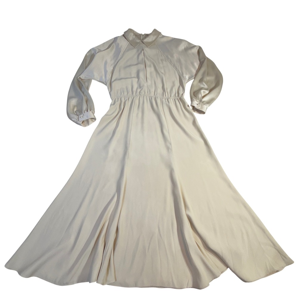 Jackie Taub Satin Maxi Dress 12 Cream Long Sleeve Pearl Button Vintage READ